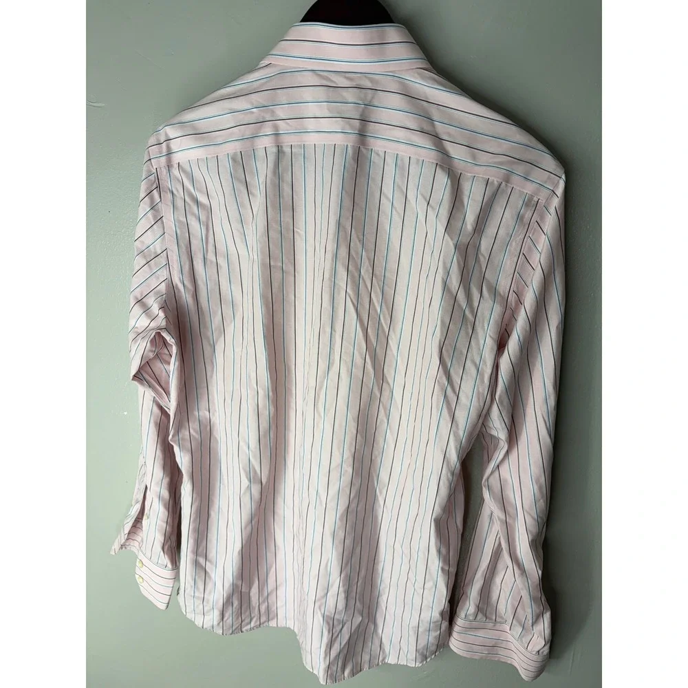 Banana Republic Mens Non Iron Slim Fit Dress Shirt Pink Blue Stripe Medium